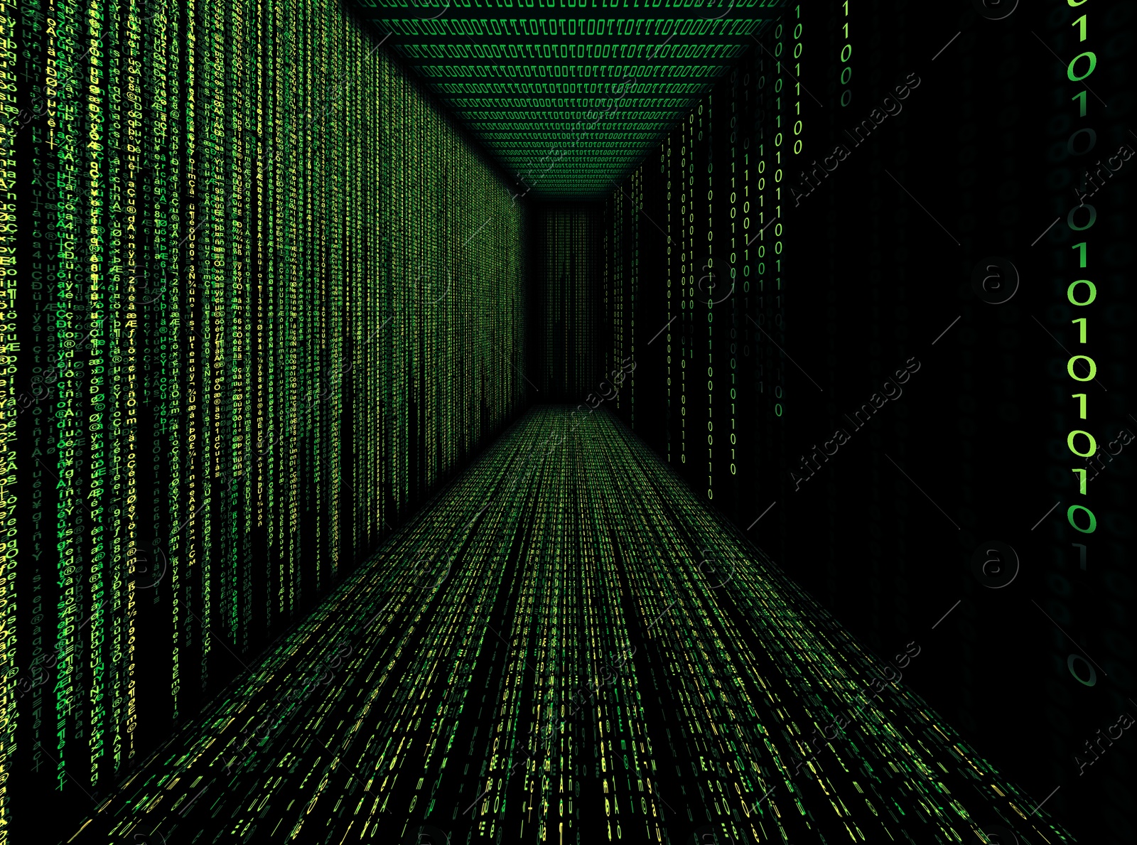 Cyber corridor. Glowing digital code forming walls, floor and ceiling Image of Cyber corridor. Glowing digital code forming walls, floor and ceiling