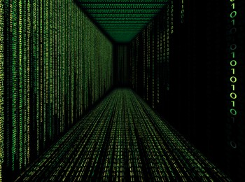 Image of Cyber corridor. Glowing digital code forming walls, floor and ceiling