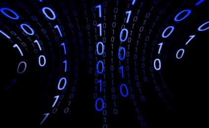 Image of Cyberspace with stream of blue numbers 1 and 0 (binary code) on black background