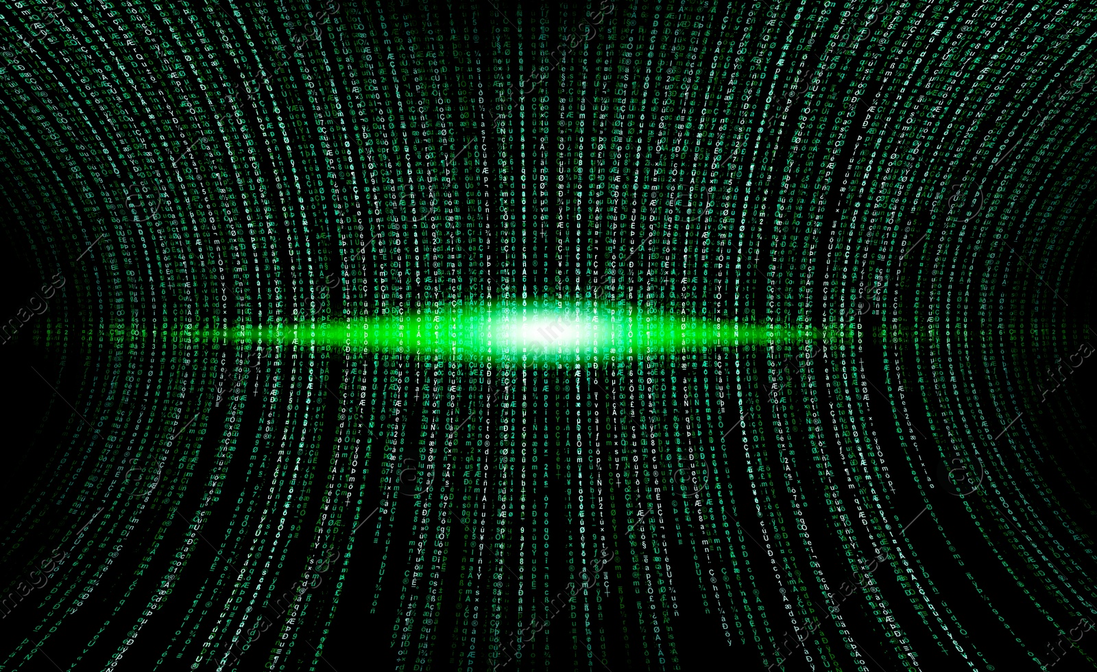 Cyberspace with stream of green digital code and light on black background Image of Cyberspace with stream of green digital code and light on black background