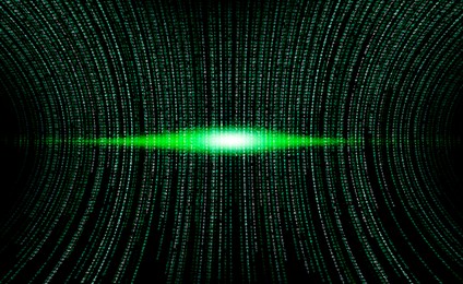 Image of Cyberspace with stream of green digital code and light on black background