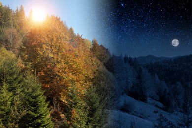 Image of Beautiful mountain forest by day and night. Combined design