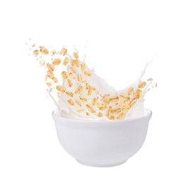Image of Oats and milk splashing out from bowl on white background