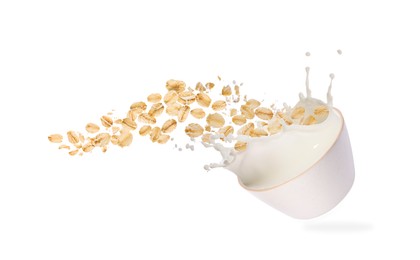 Image of Oats and milk splashing out from bowl in air on white background