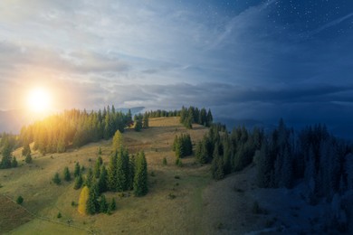 Image of Beautiful mountain landscape on sunny day and starry night, combined design