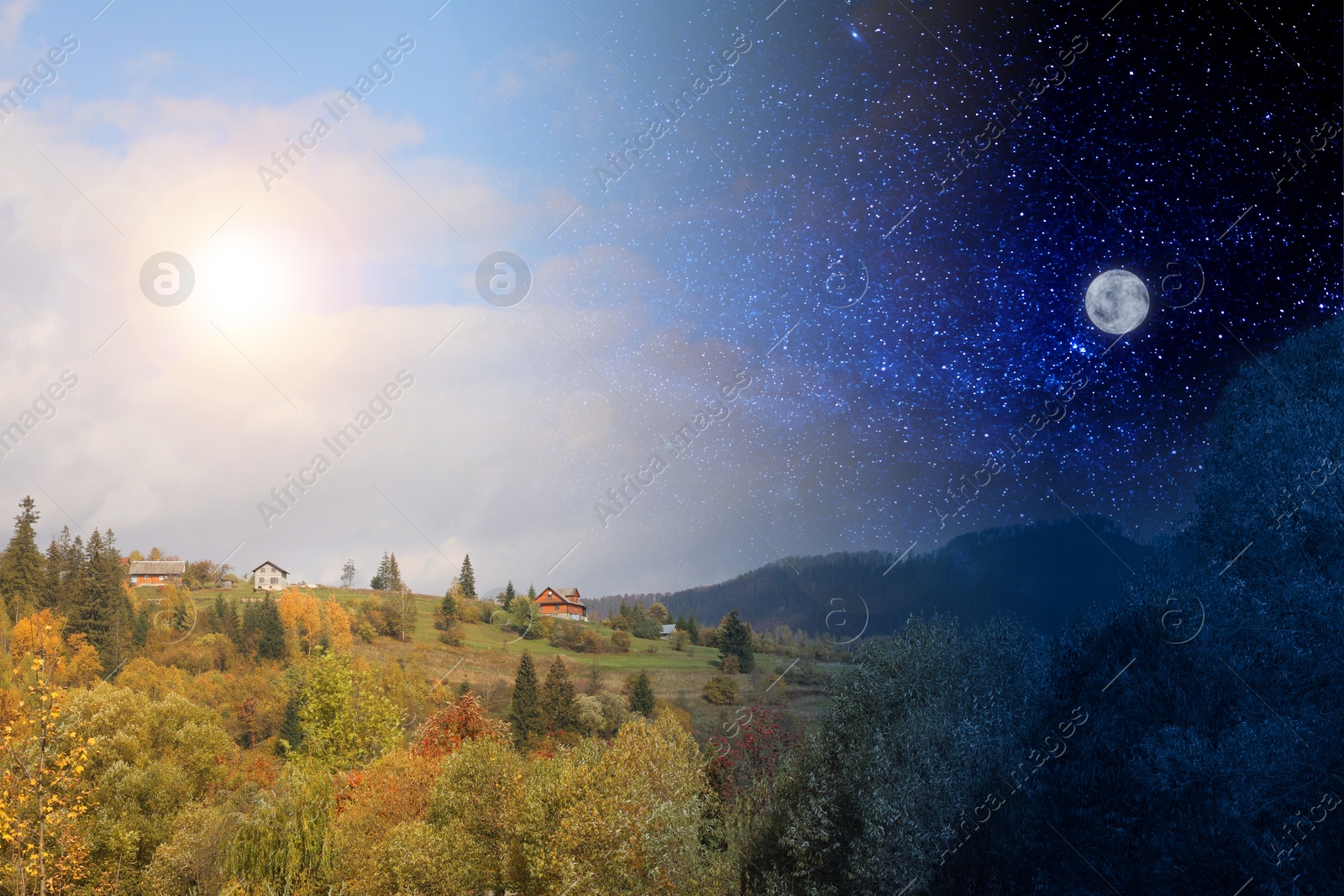 Mountain landscape by day and night. Time change Image of Mountain landscape by day and night. Time change