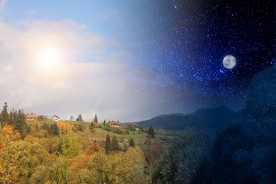Image of Mountain landscape by day and night. Time change