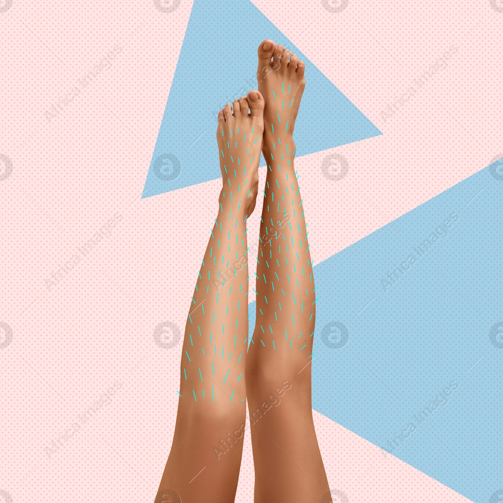 Epilation, creative collage. Woman showing legs with drawn hairs against pink background with triangles Image of Epilation, creative collage. Woman showing legs with drawn hairs against pink background with triangles