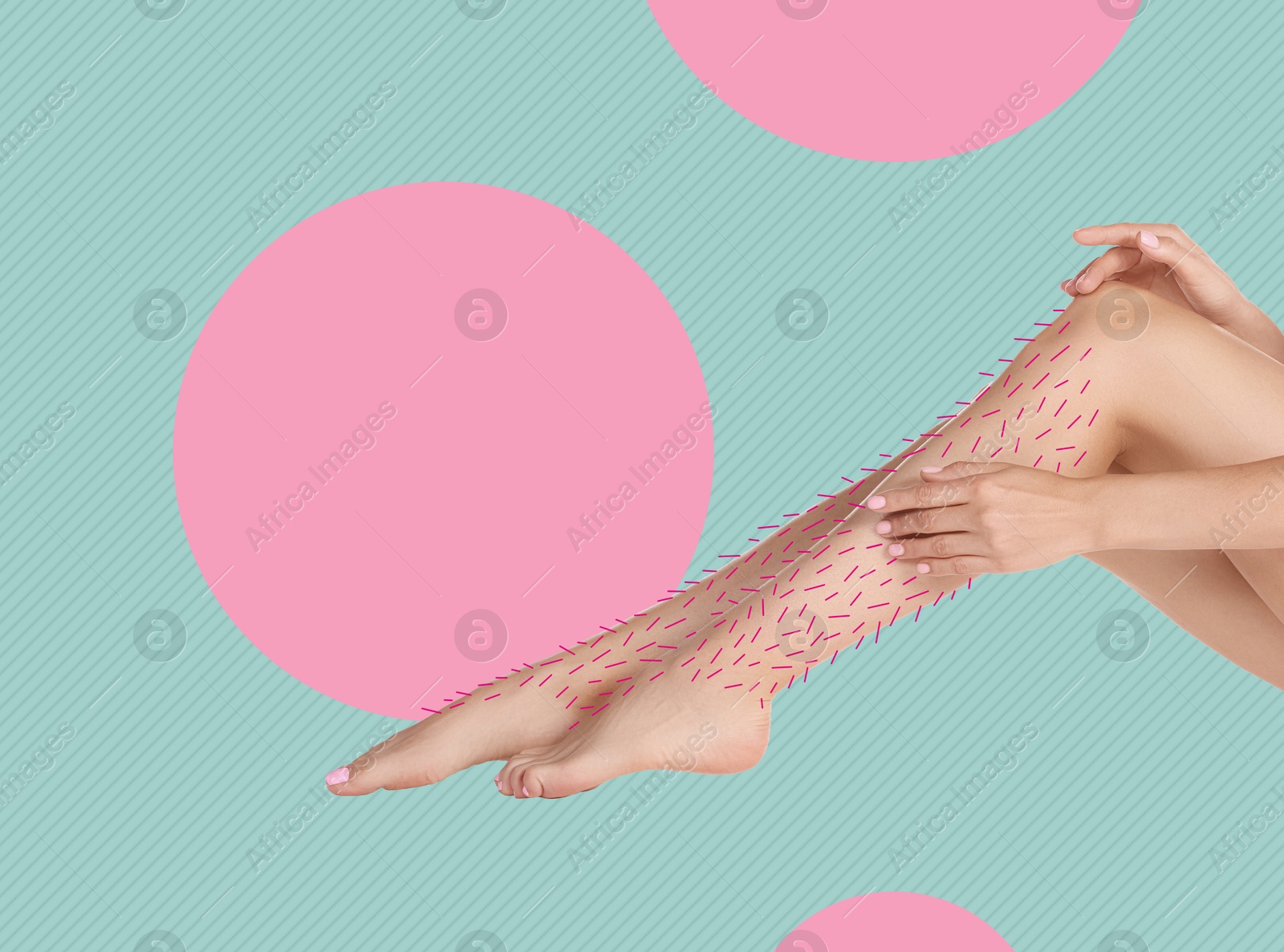 Epilation, creative collage. Woman showing legs with drawn hairs against light blue background with circles Image of Epilation, creative collage. Woman showing legs with drawn hairs against light blue background with circles