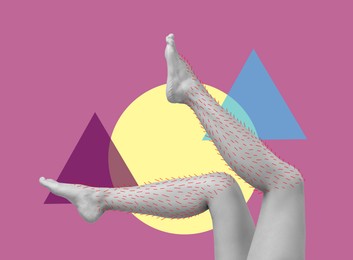 Image of Epilation, creative collage. Woman showing legs with drawn hairs against pink background with geometric shapes