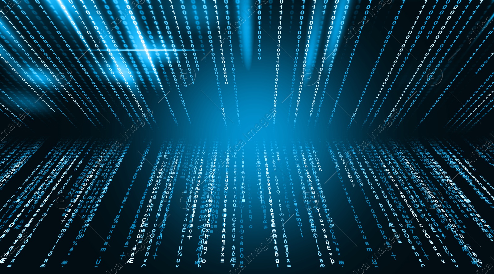 Cyberspace with streams of digital code on black background Image of Cyberspace with streams of digital code on black background
