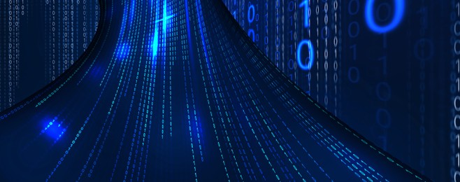 Image of Cyberspace tunnel made of binary code. Glowing numbers 1 and 0