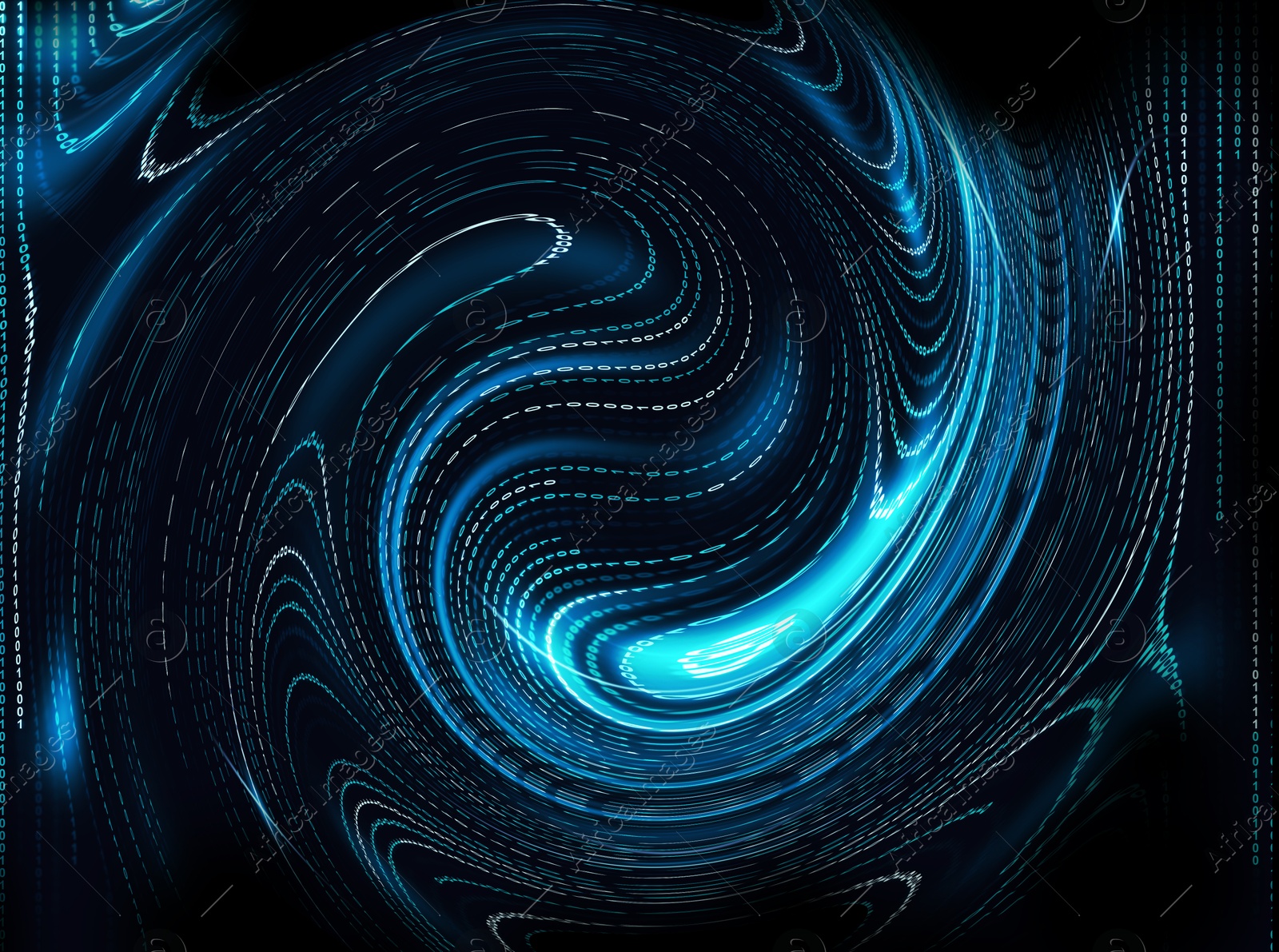Cyberspace with warped stream of digital code on black background Image of Cyberspace with warped stream of digital code on black background