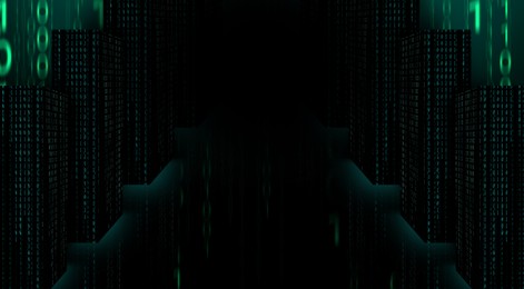 Image of Cyber room. Glowing digital code forming walls