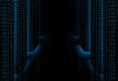 Image of Cyber room. Glowing digital code forming walls