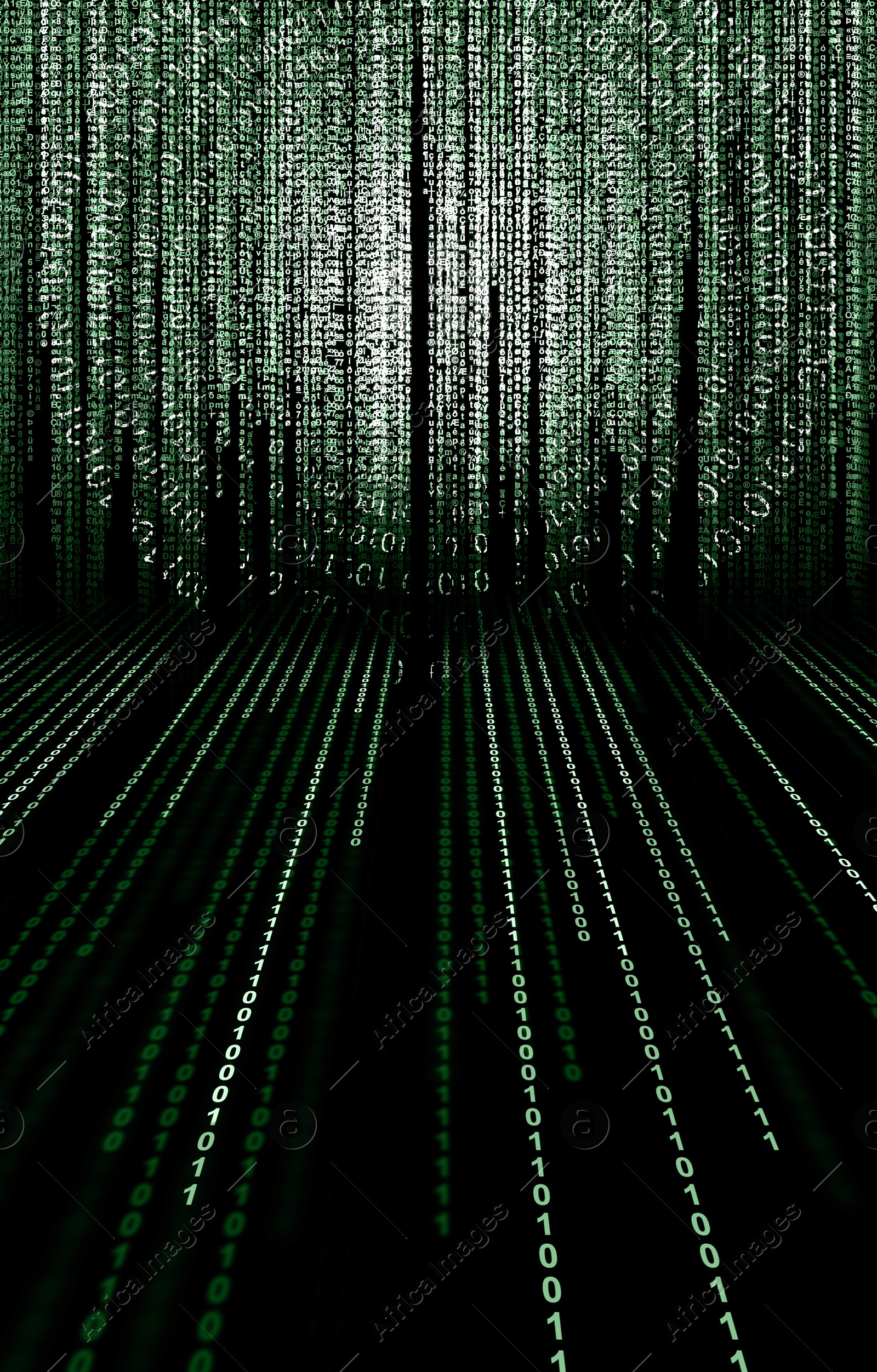 Cyberspace with streams of digital code on black background Image of Cyberspace with streams of digital code on black background