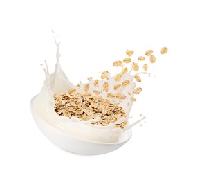 Image of Oats and milk splashing out from bowl in air on white background