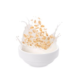 Image of Oats and milk splashing out from bowl on white background