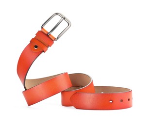 Photo of One orange leather belt isolated on white