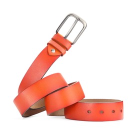 Photo of One orange leather belt isolated on white