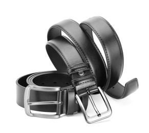 Photo of Two black leather belts isolated on white