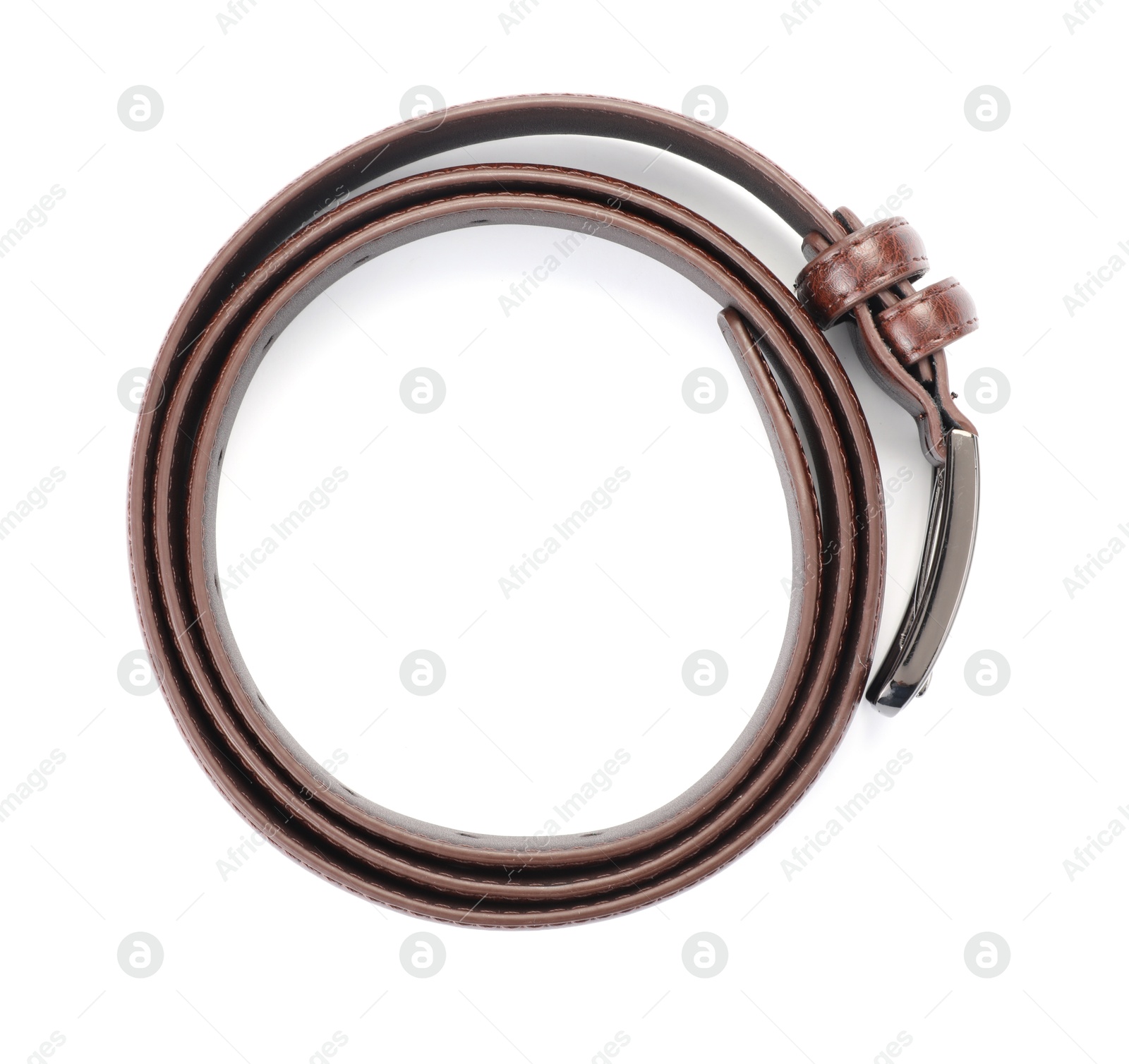 Photo of One brown leather belt isolated on white, top view