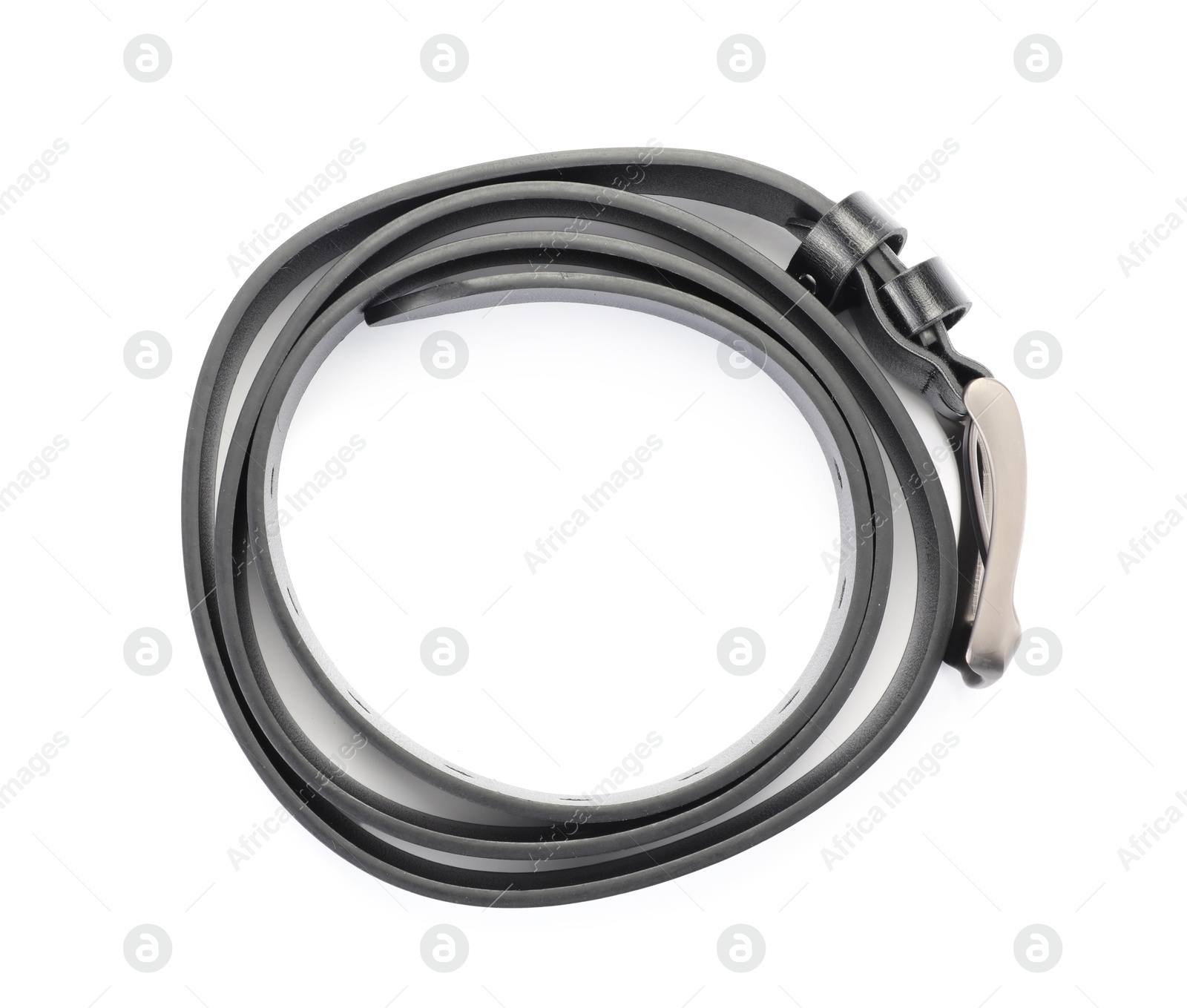 One black leather belt isolated on white, top view Photo of One black leather belt isolated on white, top view