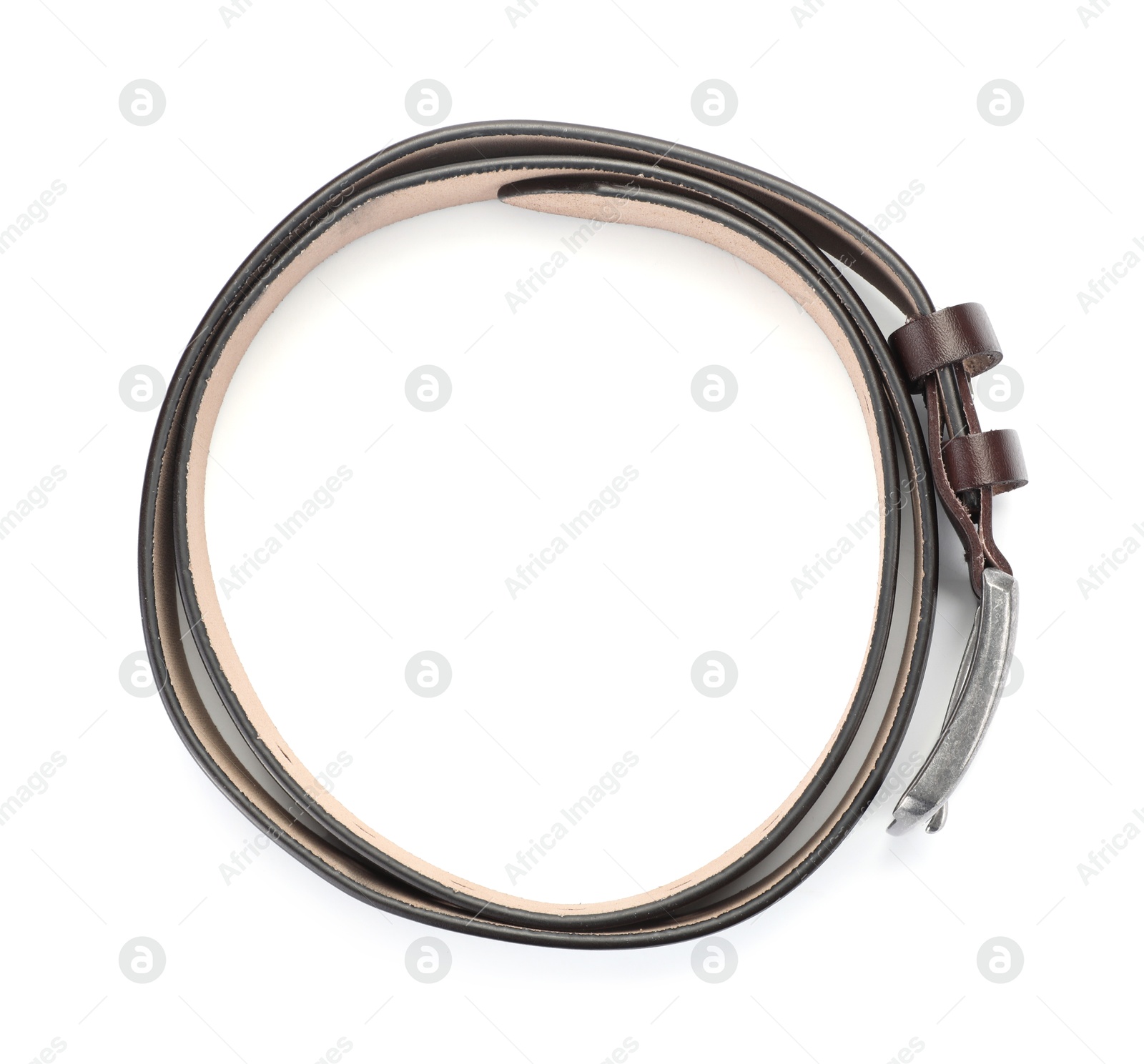 One brown leather belt isolated on white, top view Photo of One brown leather belt isolated on white, top view