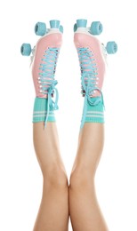 Photo of Woman in roller skates on white background, closeup