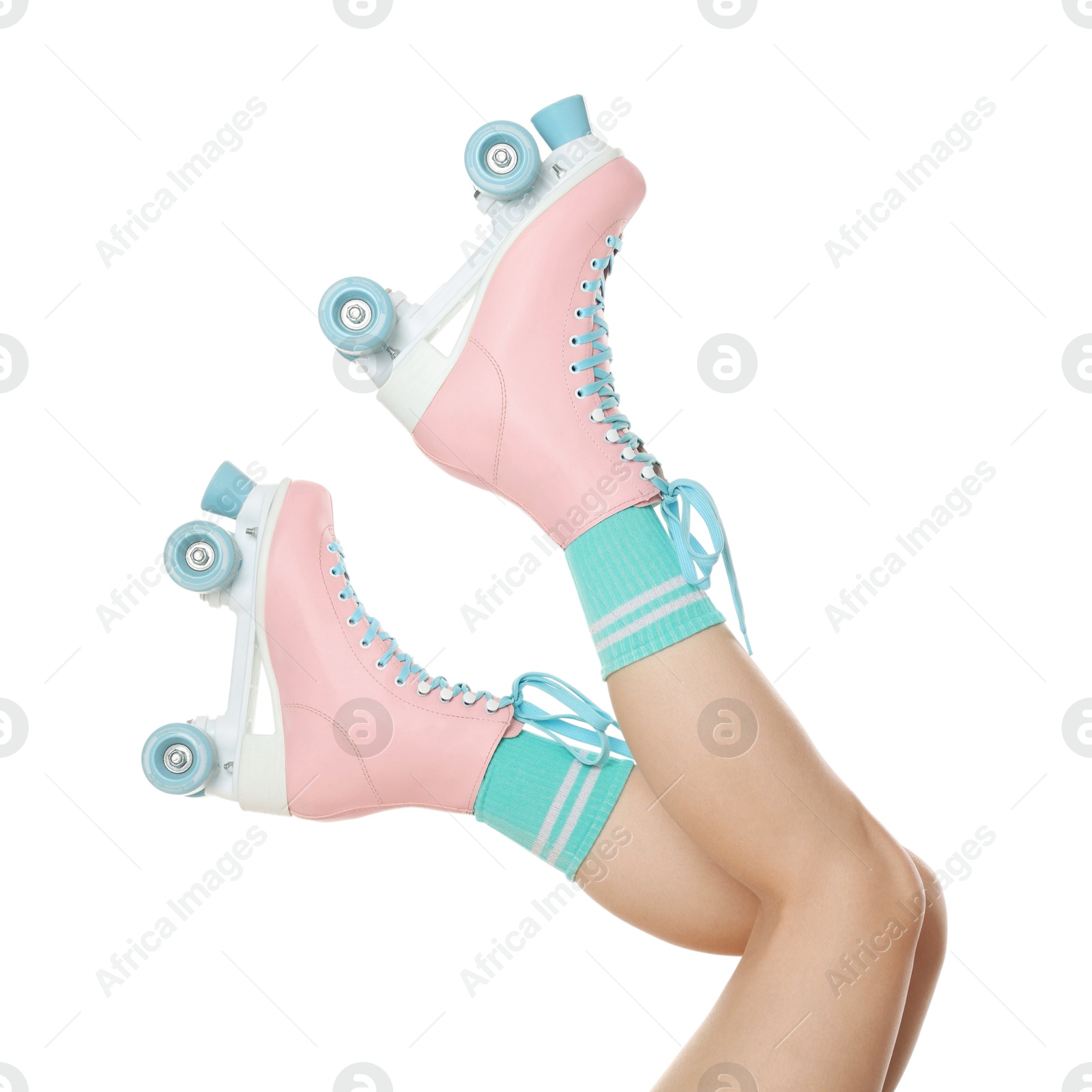 Woman in roller skates on white background, closeup Photo of Woman in roller skates on white background, closeup