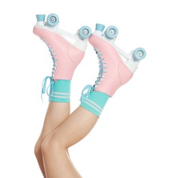 Photo of Woman in roller skates on white background, closeup
