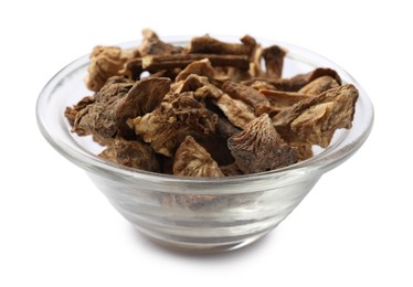 Photo of Pieces of dry chicory roots in bowl isolated on white