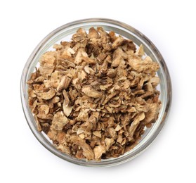Photo of Pieces of dry chicory roots in bowl isolated on white, top view