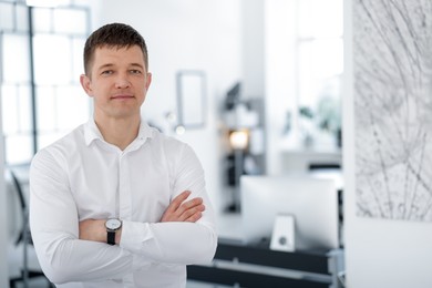 Photo of Portrait of handsome middle aged man indoors. Space for text