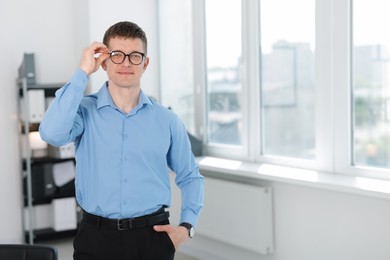 Photo of Portrait of handsome middle aged man indoors. Space for text
