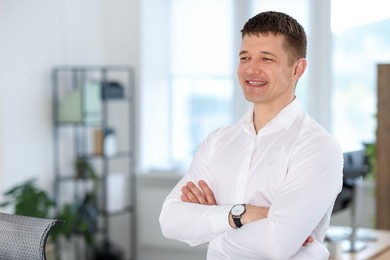 Photo of Portrait of handsome middle aged man indoors. Space for text
