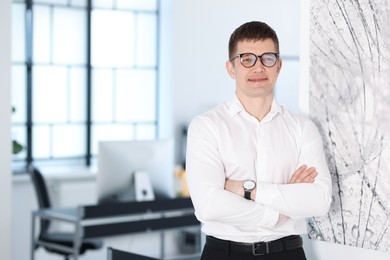 Photo of Portrait of handsome middle aged man indoors. Space for text