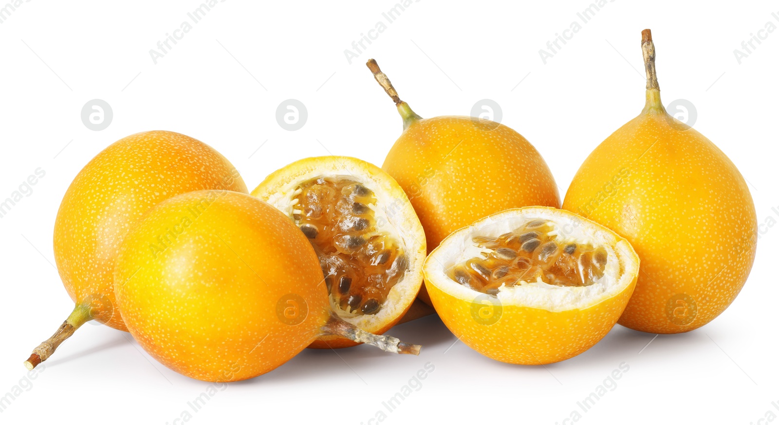 Ripe yellow passion fruits isolated on white Photo of Ripe yellow passion fruits isolated on white