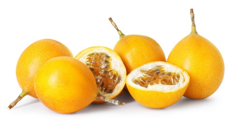 Photo of Ripe yellow passion fruits isolated on white