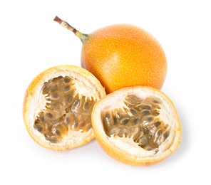 Photo of Ripe yellow passion fruits isolated on white