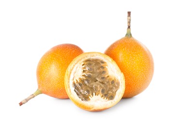 Photo of Ripe yellow passion fruits isolated on white