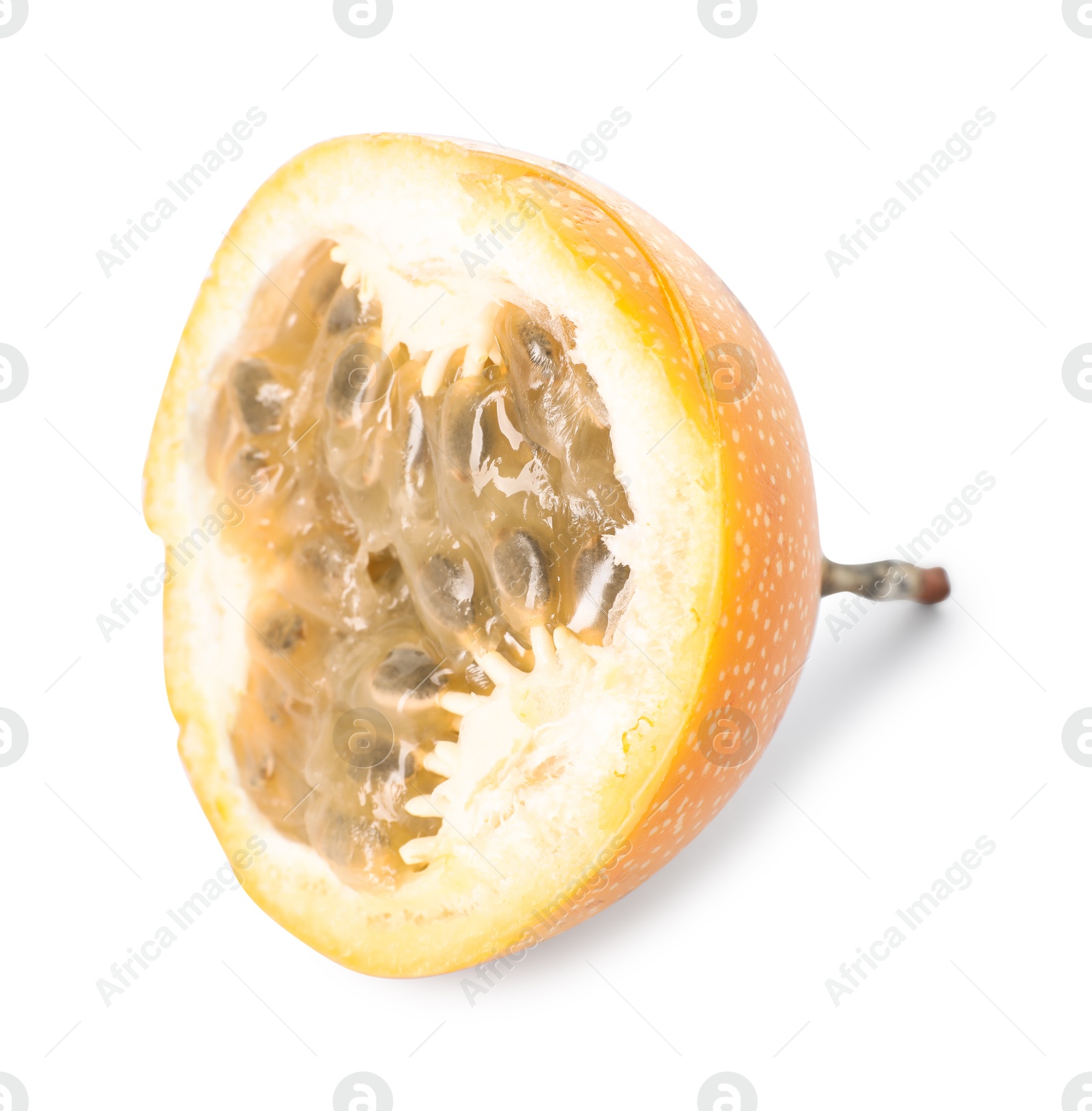 Piece of ripe yellow passion fruit isolated on white Photo of Piece of ripe yellow passion fruit isolated on white