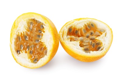 Photo of Pieces of ripe yellow passion fruit isolated on white
