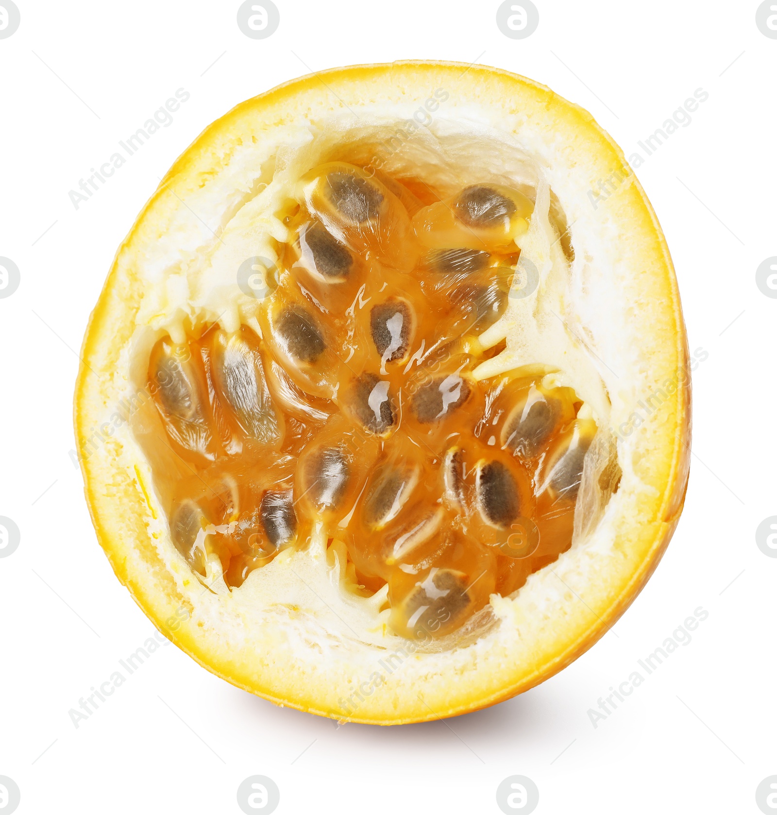 Piece of ripe yellow passion fruit isolated on white Photo of Piece of ripe yellow passion fruit isolated on white