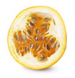 Photo of Piece of ripe yellow passion fruit isolated on white