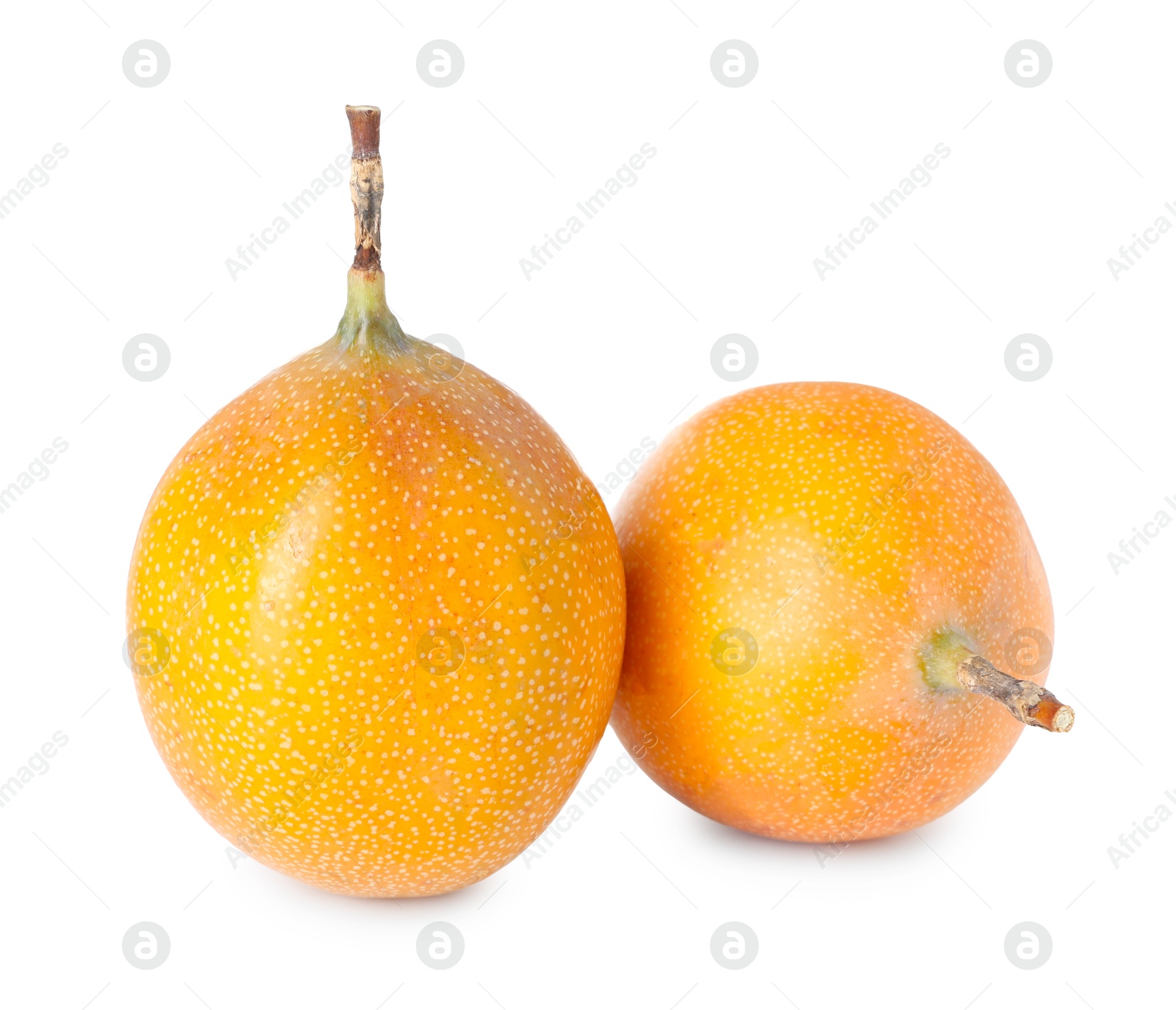 Whole ripe yellow passion fruits isolated on white Photo of Whole ripe yellow passion fruits isolated on white
