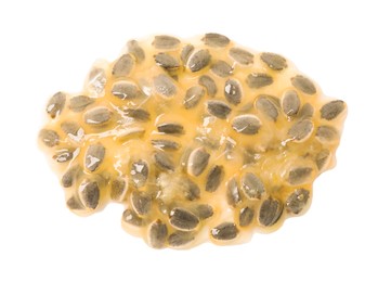 Photo of Passion fruit seeds isolated on white, top view