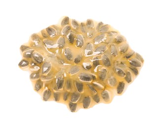 Photo of Passion fruit seeds isolated on white, top view