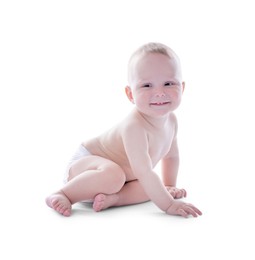 Photo of Portrait of cute little baby on white background