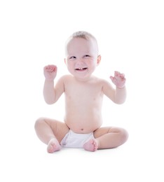 Photo of Portrait of cute little baby on white background
